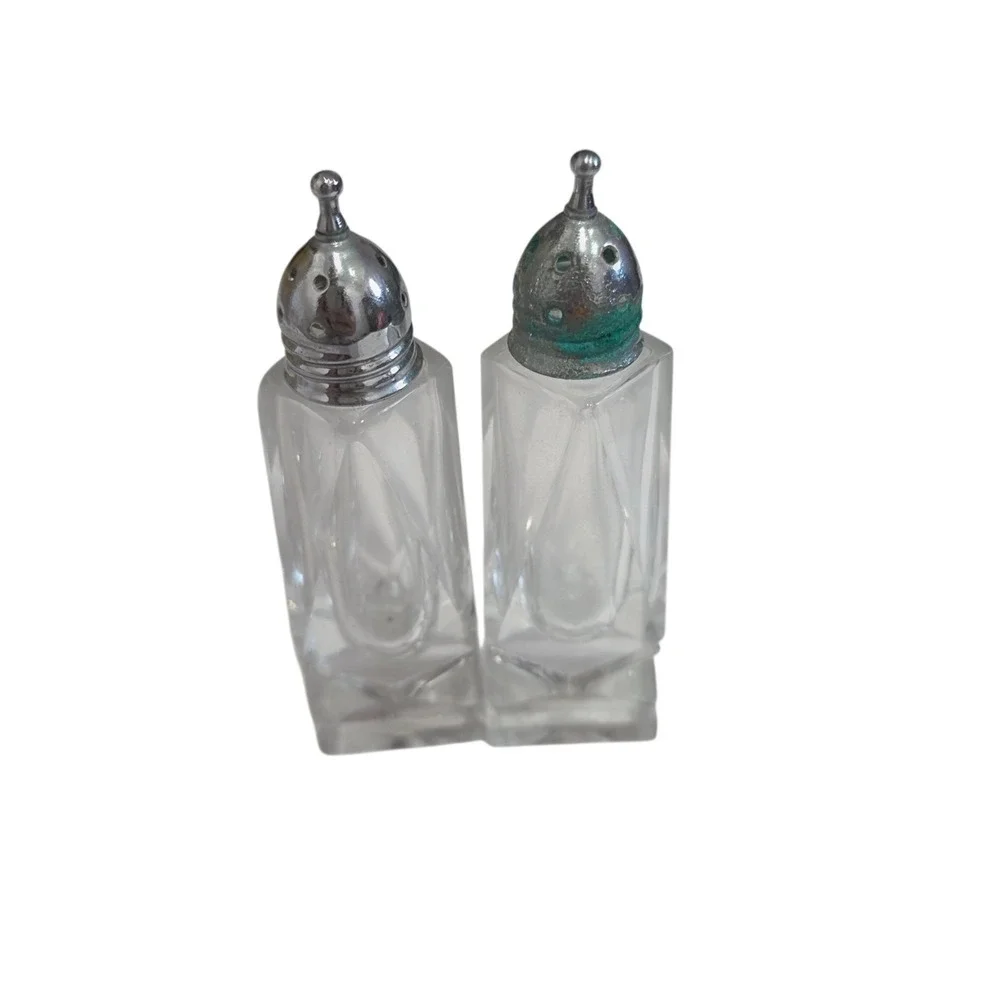 Vintage Cut Crystal Glass Salt & Pepper Shakers Pair Silver Plate Pierced Tops
